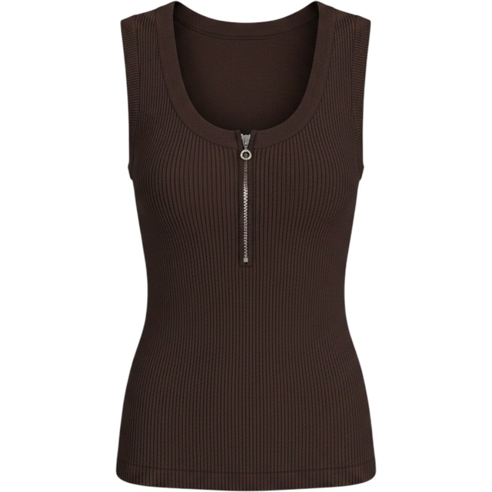 Vintage Cache Sleeveless Ribbed Knit Top M Brown Rhinestone Zip